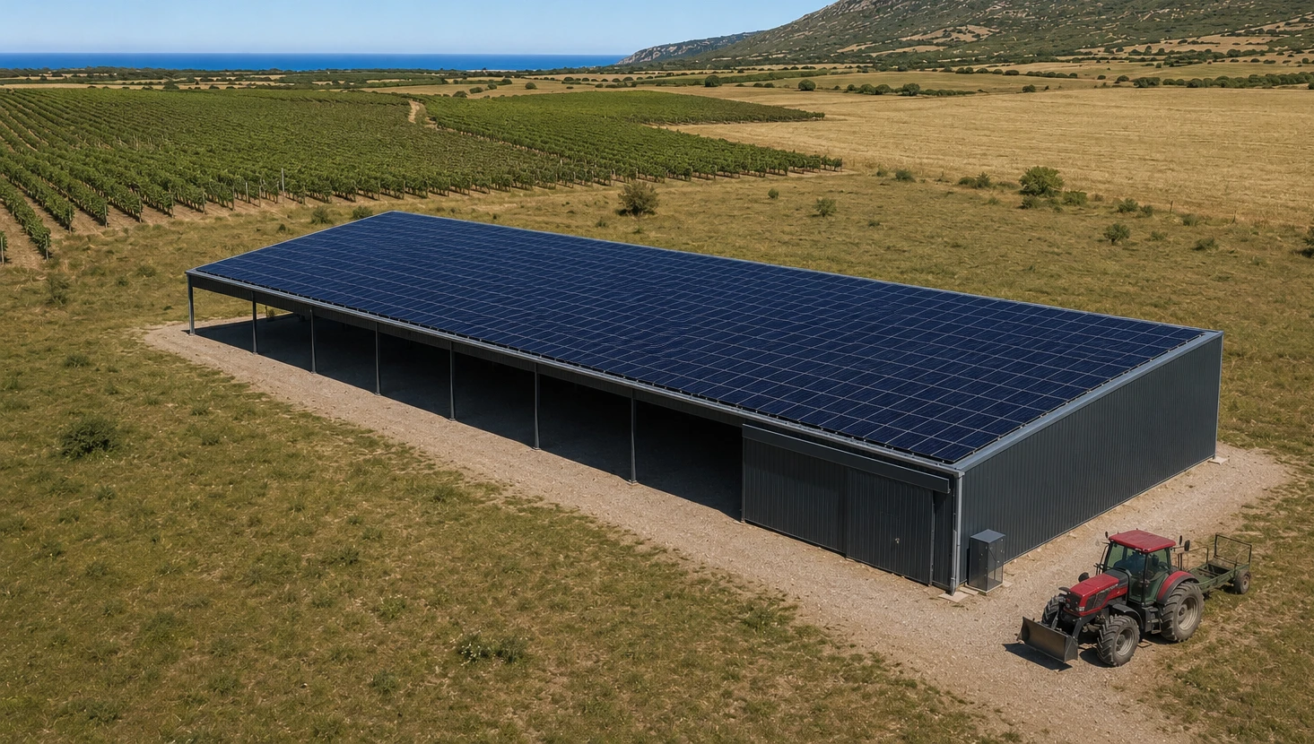 Hangar agricole solarisé au milieu des vignes