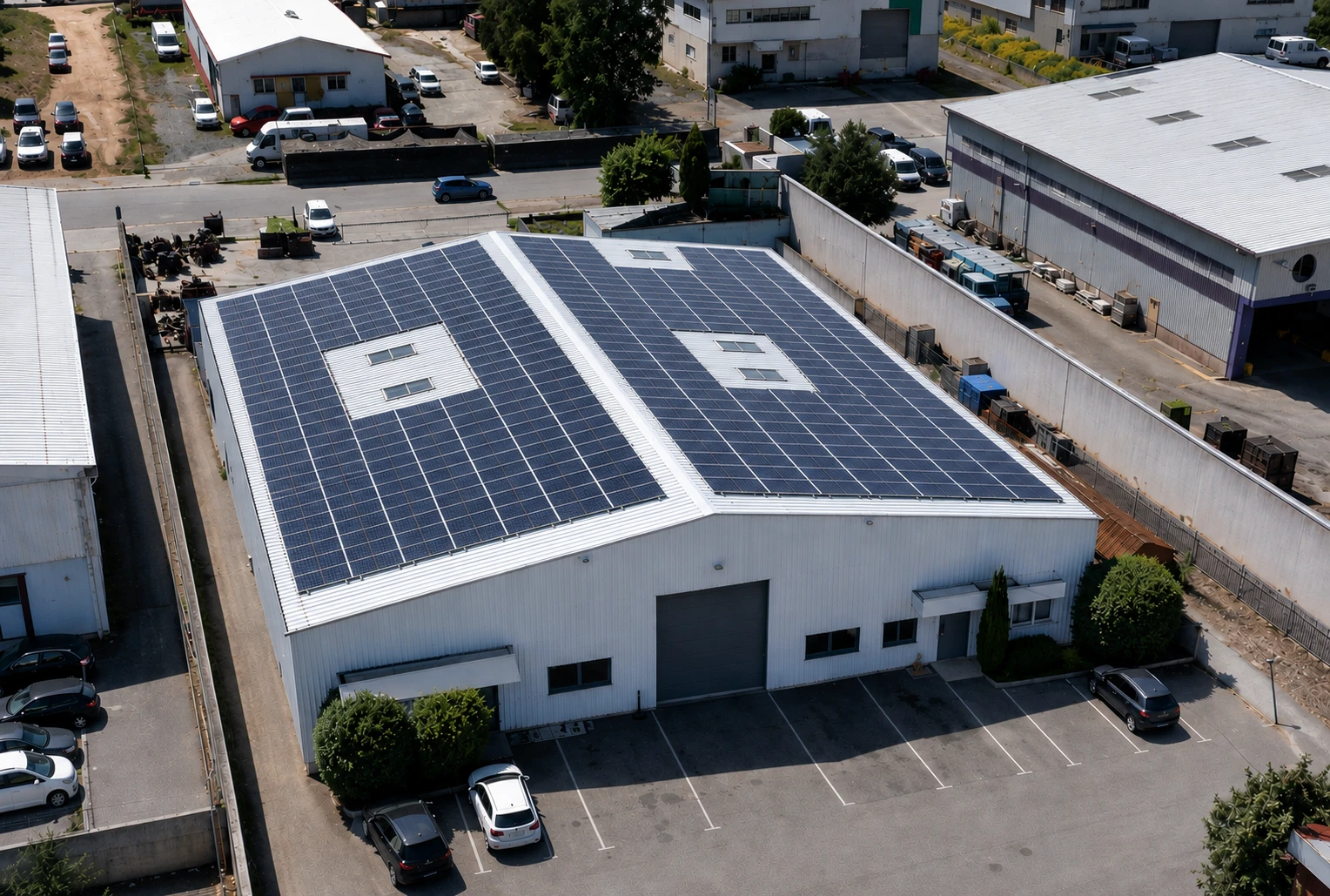 Bâtiment industriel solarisé, puits de jour et parking, toiture bipente